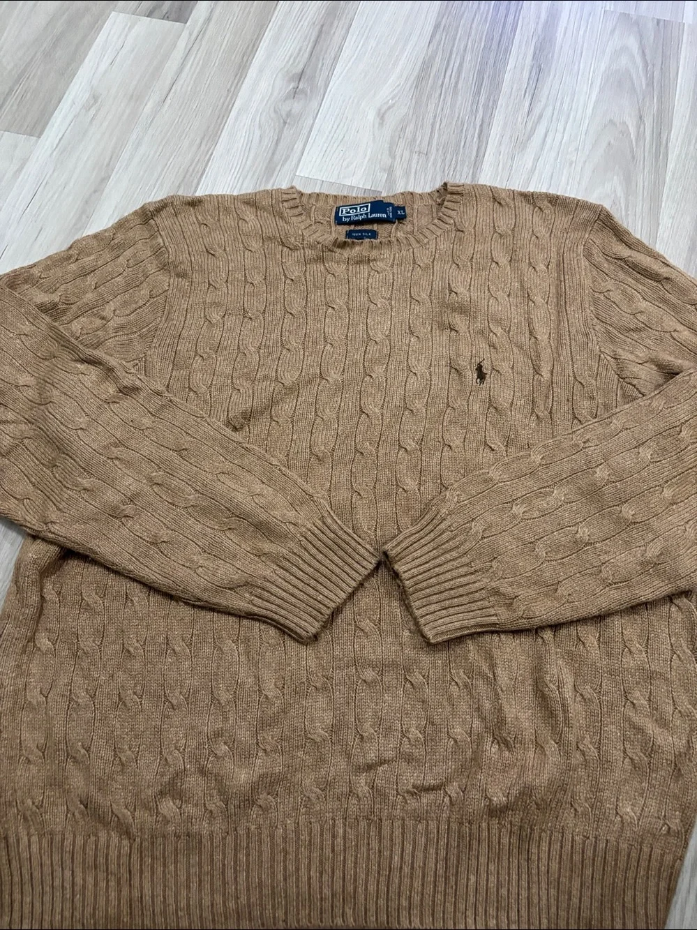 Polo Ralph Lauren Men’s Cable Knit Silk Camel Crewneck 100% Silk Sweater  Sz XL